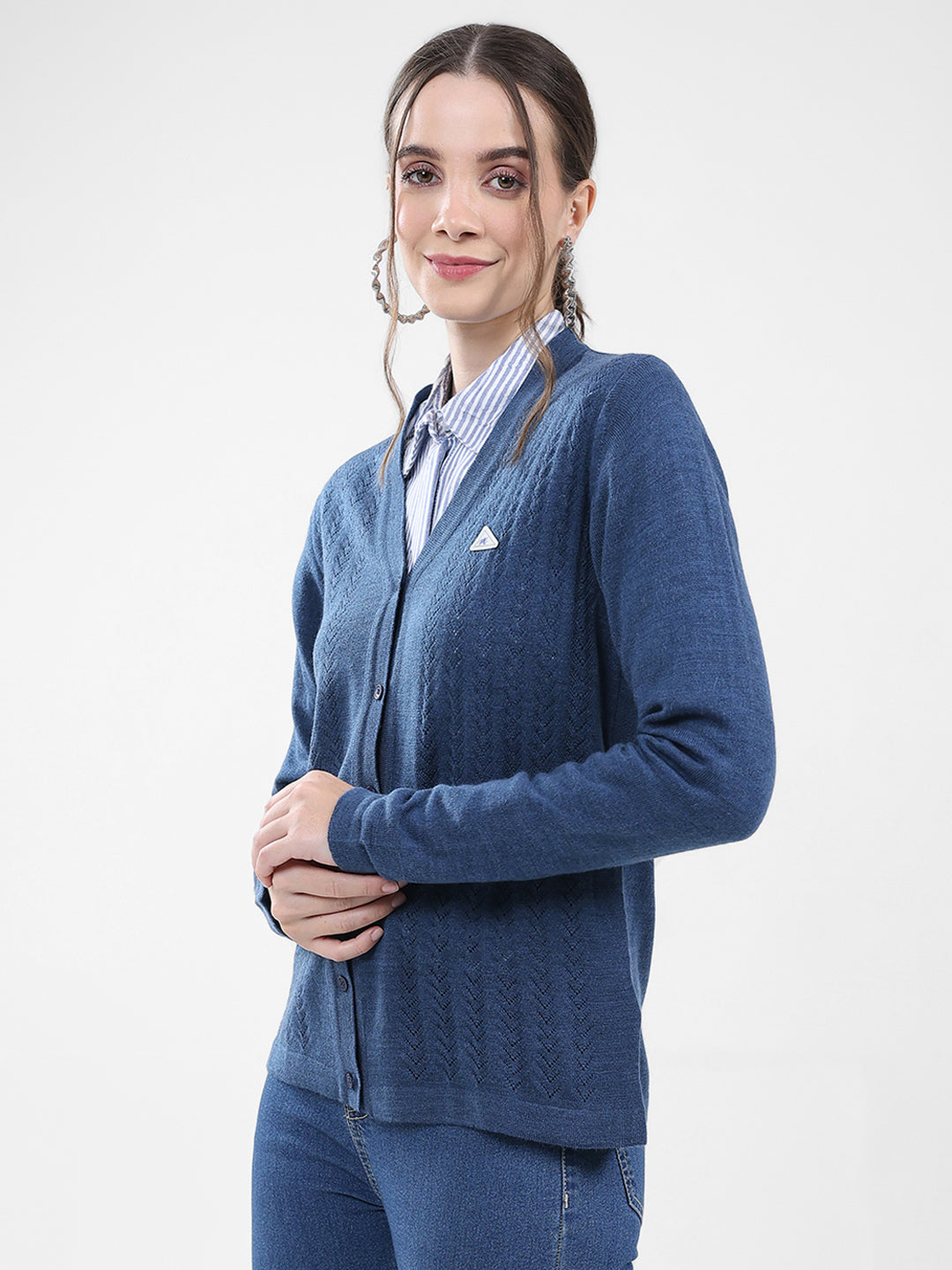Women Blue Self Design V Neck Full Sleeve Cardigan