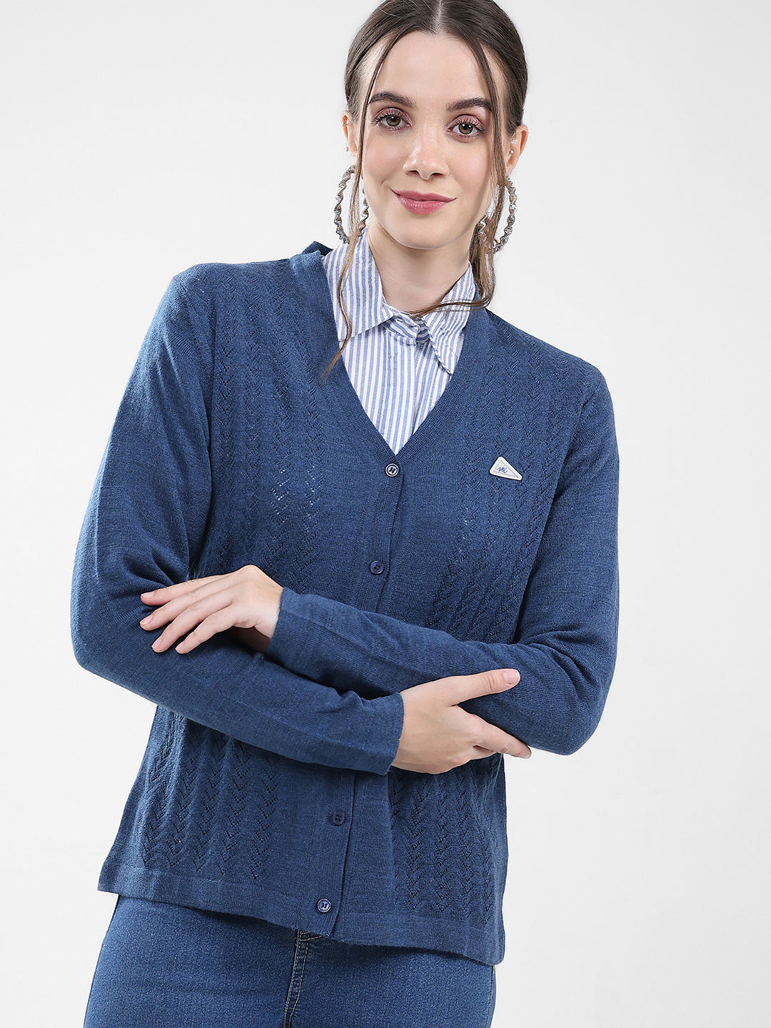 Women Blue Self Design V Neck Full Sleeve Cardigan