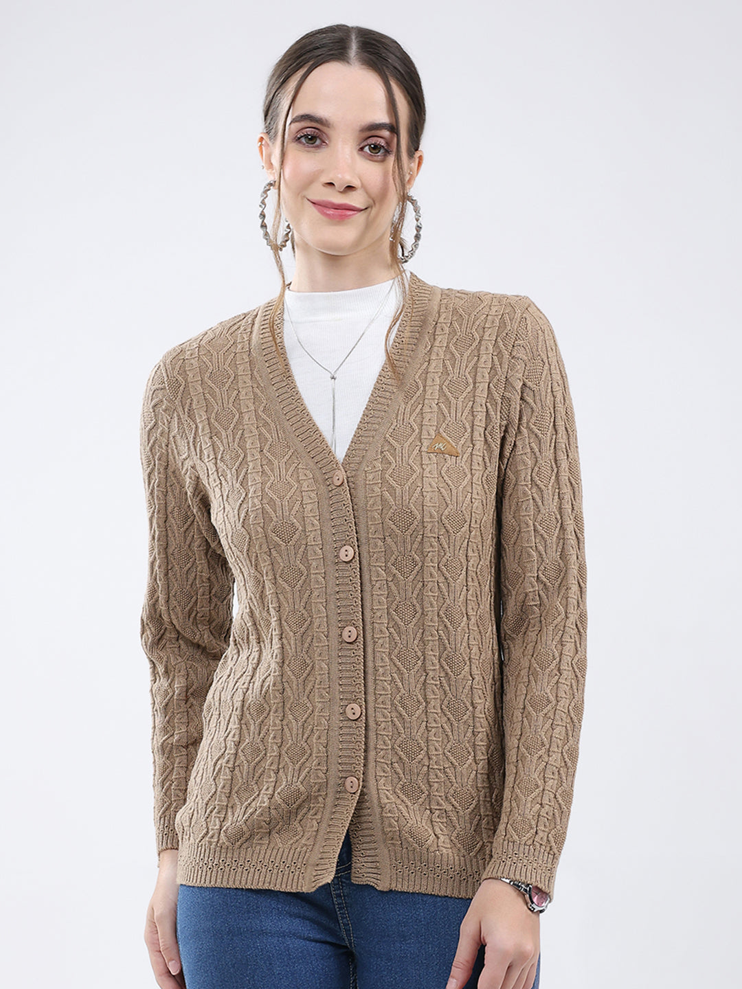 Women Khaki Self Design V Neck Full Sleeve Cardigan