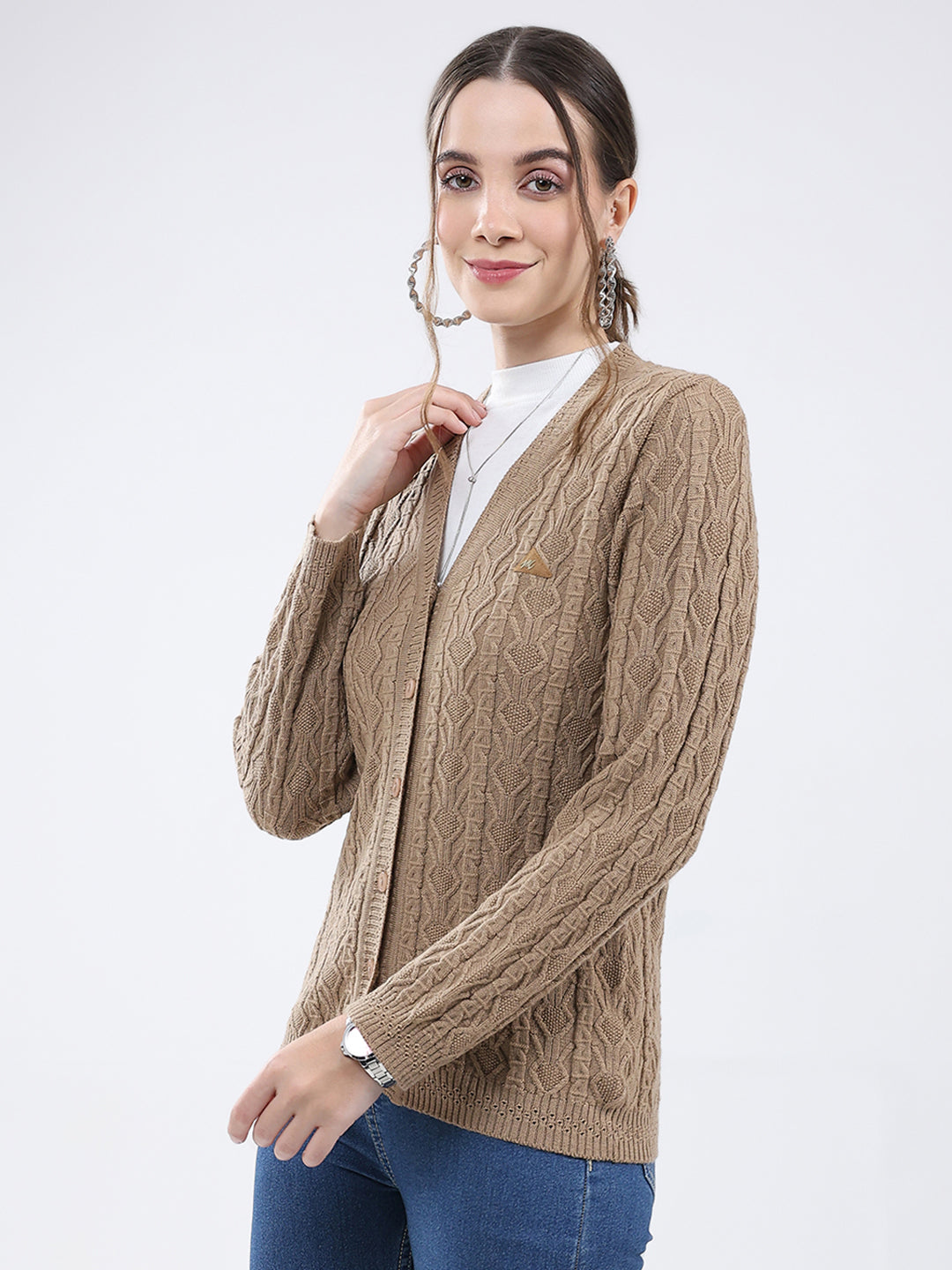 Women Khaki Self Design V Neck Full Sleeve Cardigan