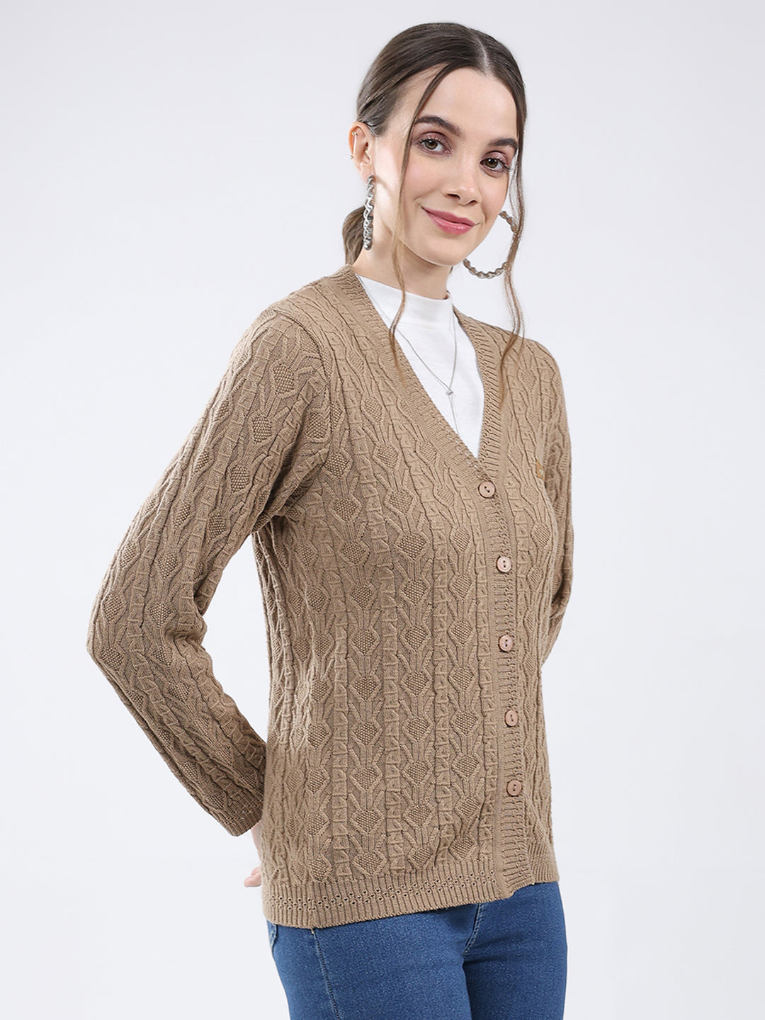 Women Khaki Self Design V Neck Full Sleeve Cardigan
