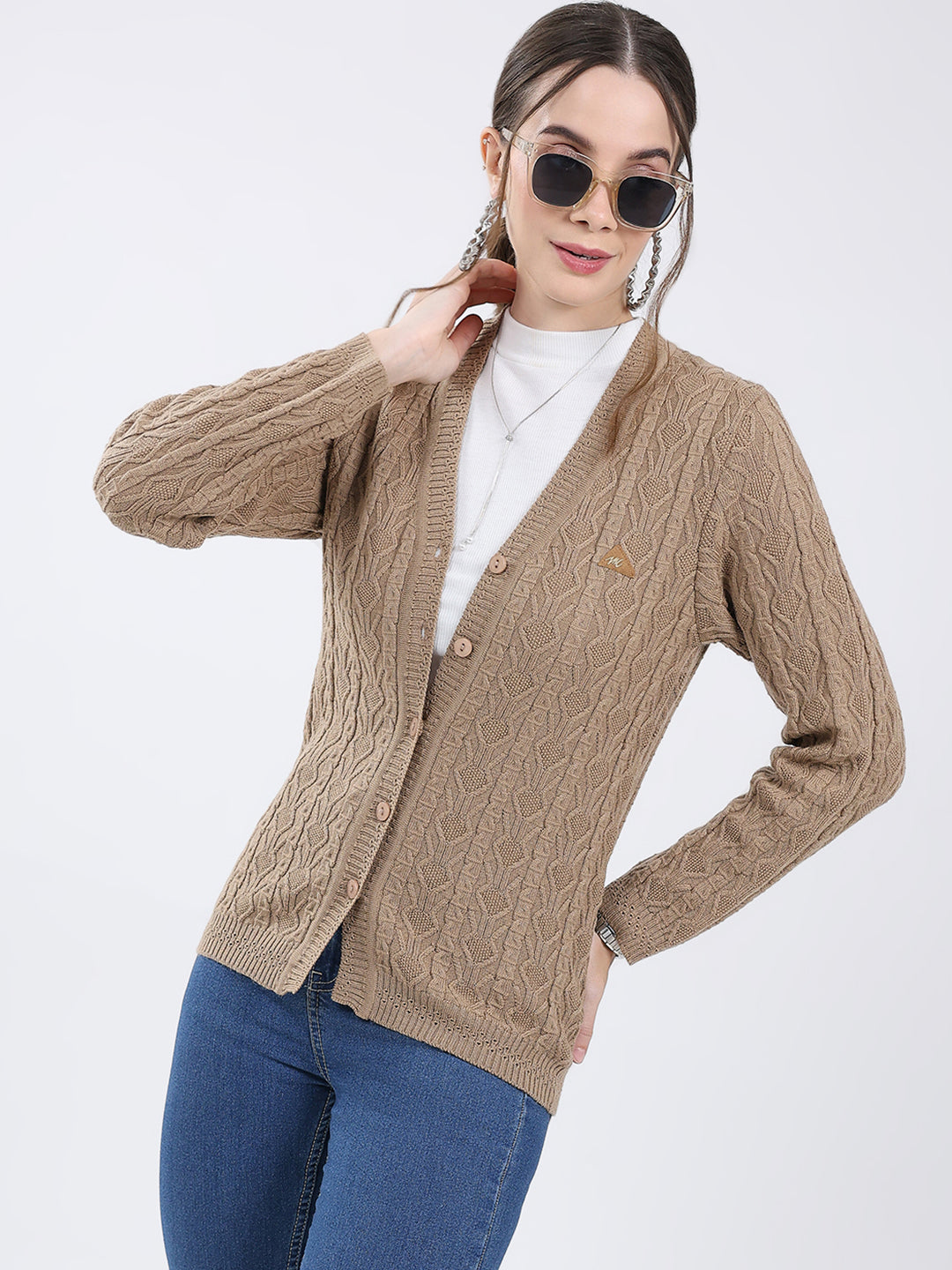 Women Khaki Self Design V Neck Full Sleeve Cardigan