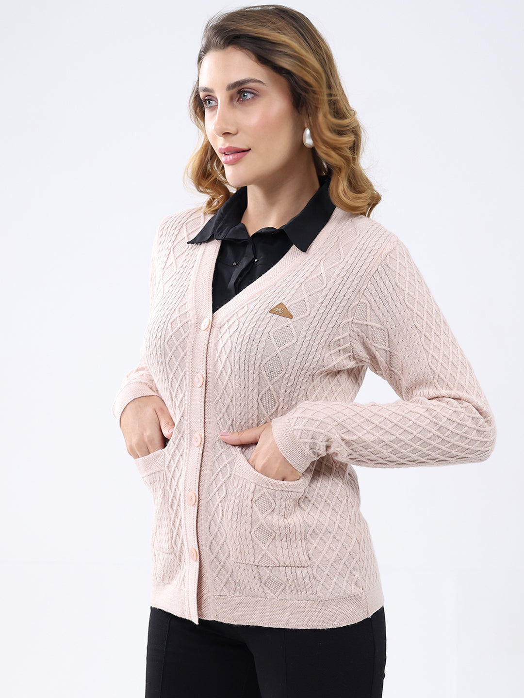 Women Light Pink Self Design V Neck Full Sleeve Cardigan