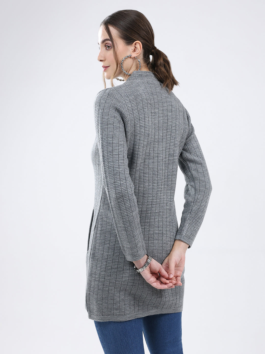 Women Grey Self Design Band Neck Full Sleeve Knitted Coat