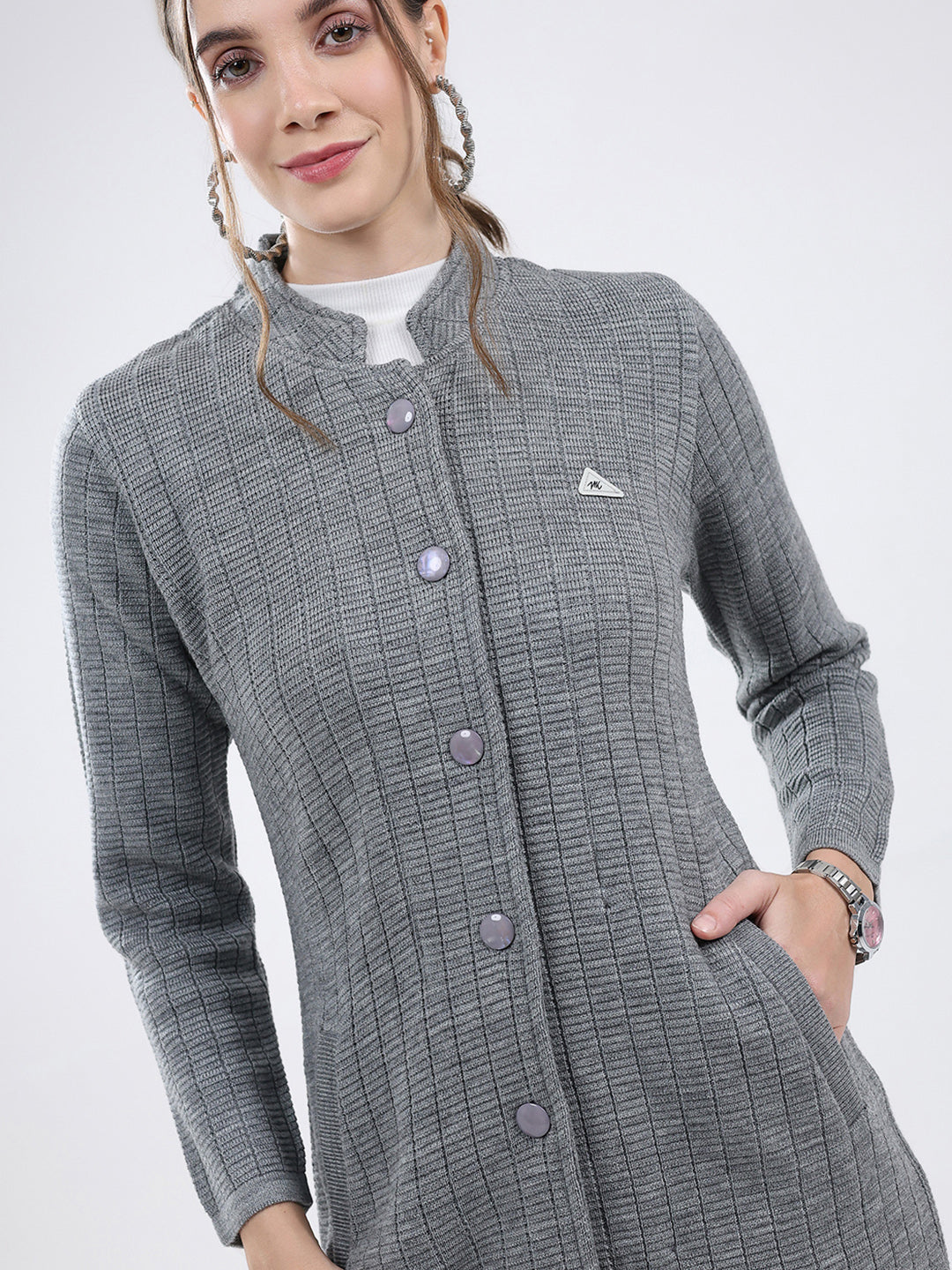 Women Grey Self Design Band Neck Full Sleeve Knitted Coat