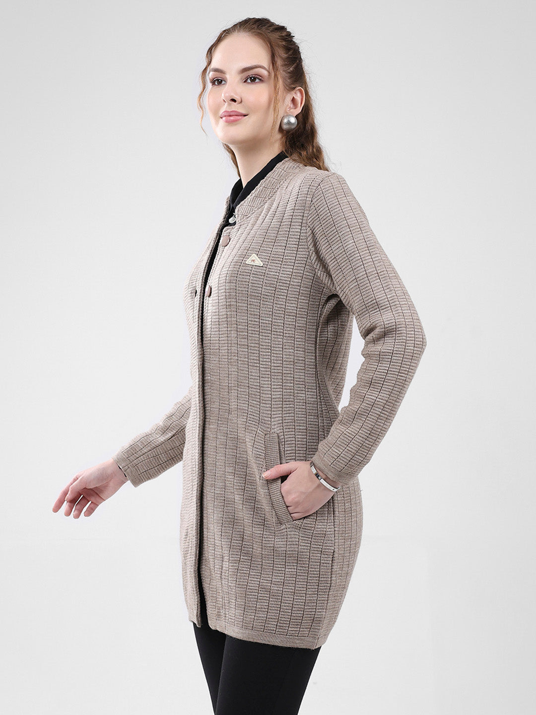 Women Beige Self Design Round Neck Full Sleeve Knitted Coat