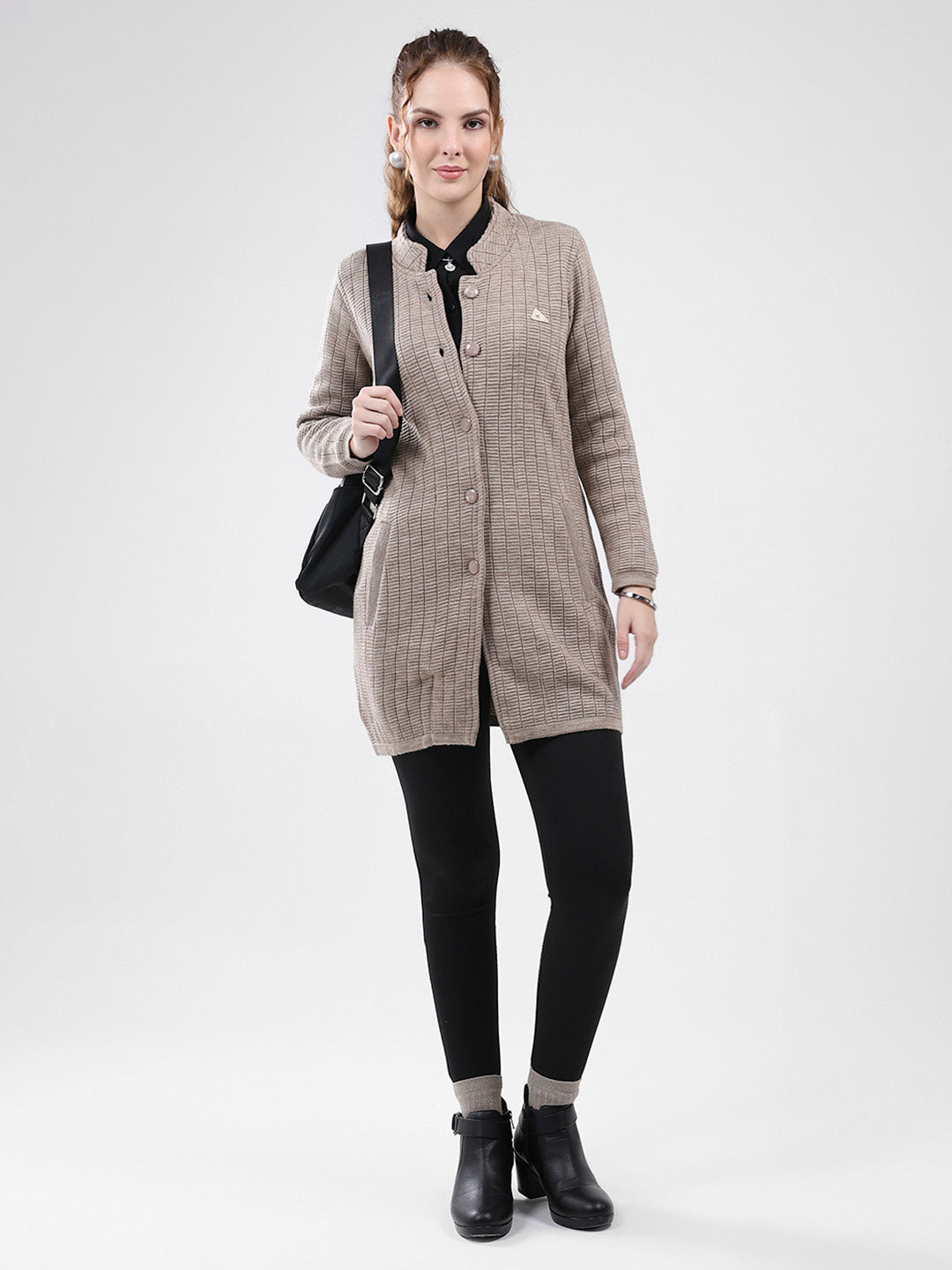 Women Beige Self Design Round Neck Full Sleeve Knitted Coat
