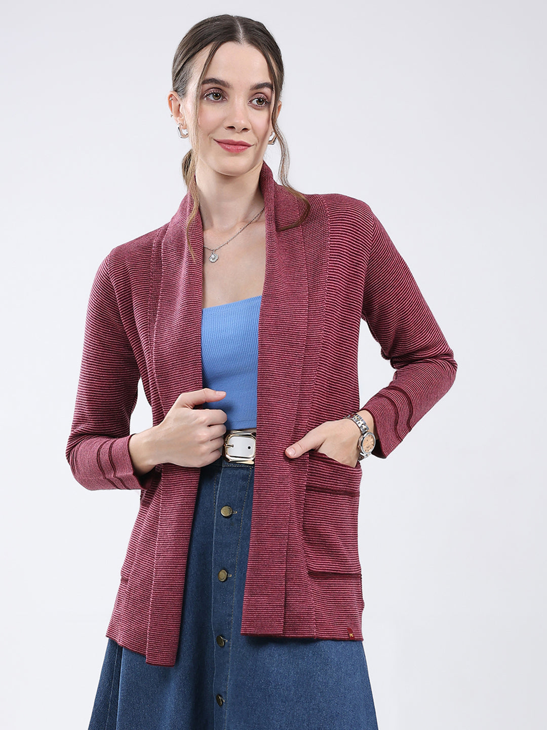 Women Maroon Self Design Front Open Full Sleeve Cardigan