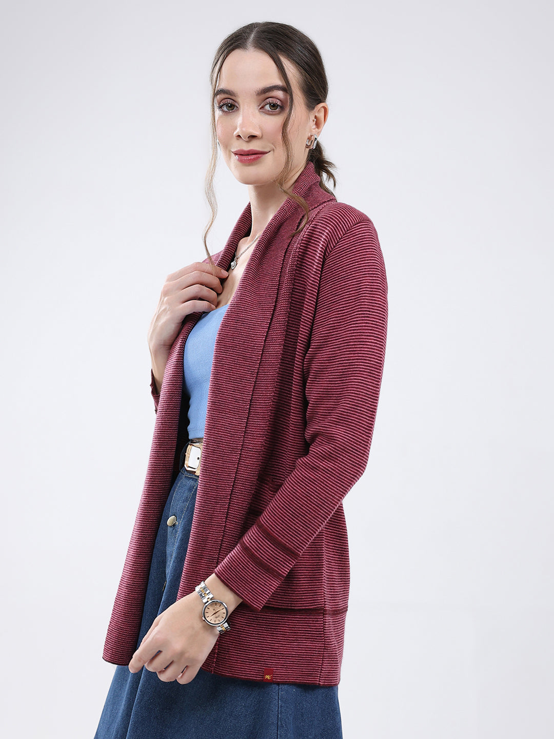 Women Maroon Self Design Front Open Full Sleeve Cardigan