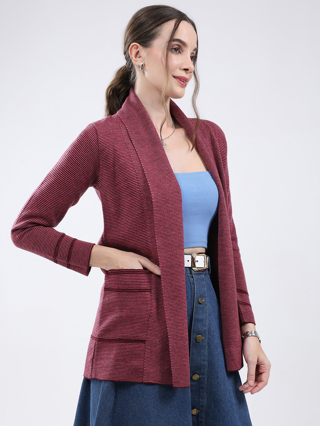 Women Maroon Self Design Front Open Full Sleeve Cardigan
