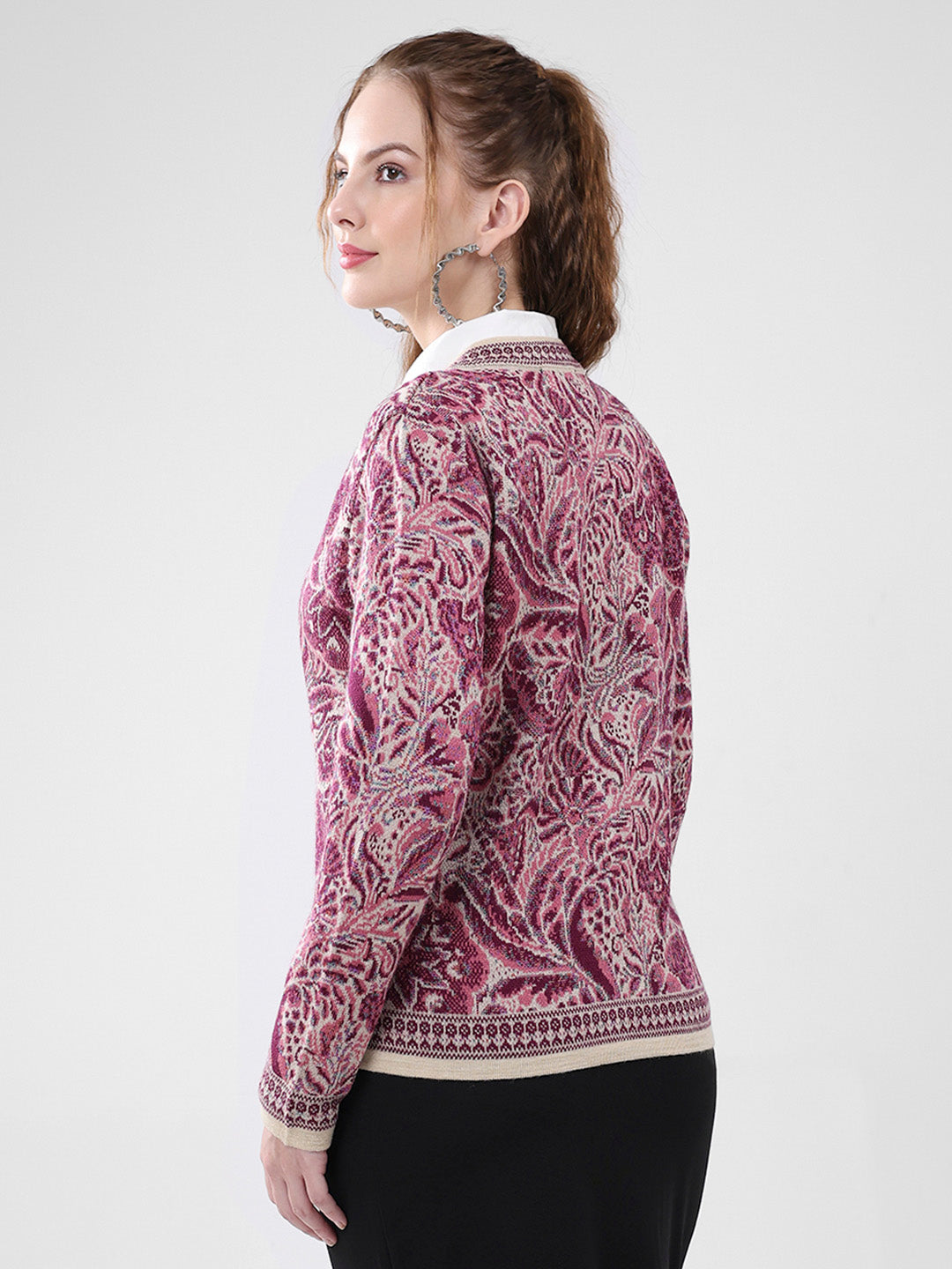 Women Pink Self Design Round Neck Full Sleeve Cardigan