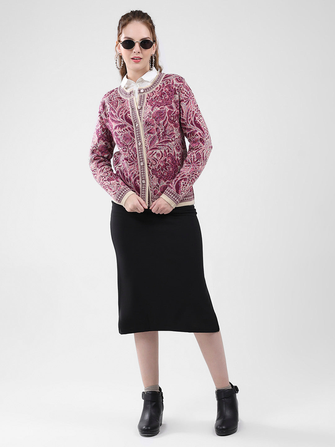 Women Pink Self Design Round Neck Full Sleeve Cardigan