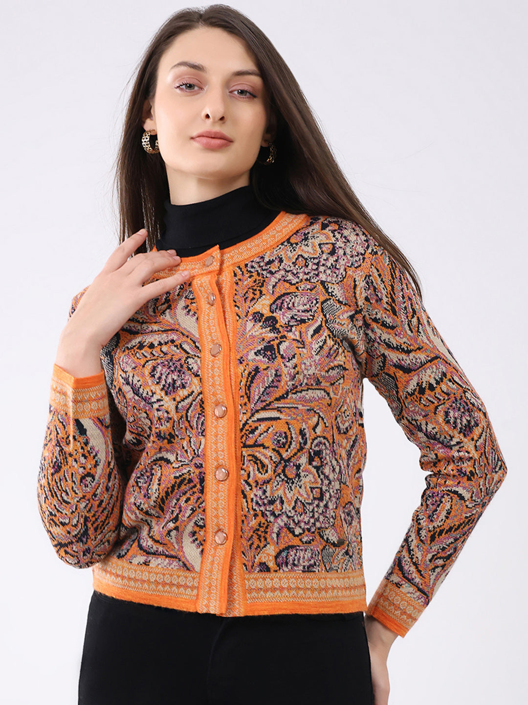 Women Orange Self Design Round Neck Full Sleeve Cardigan