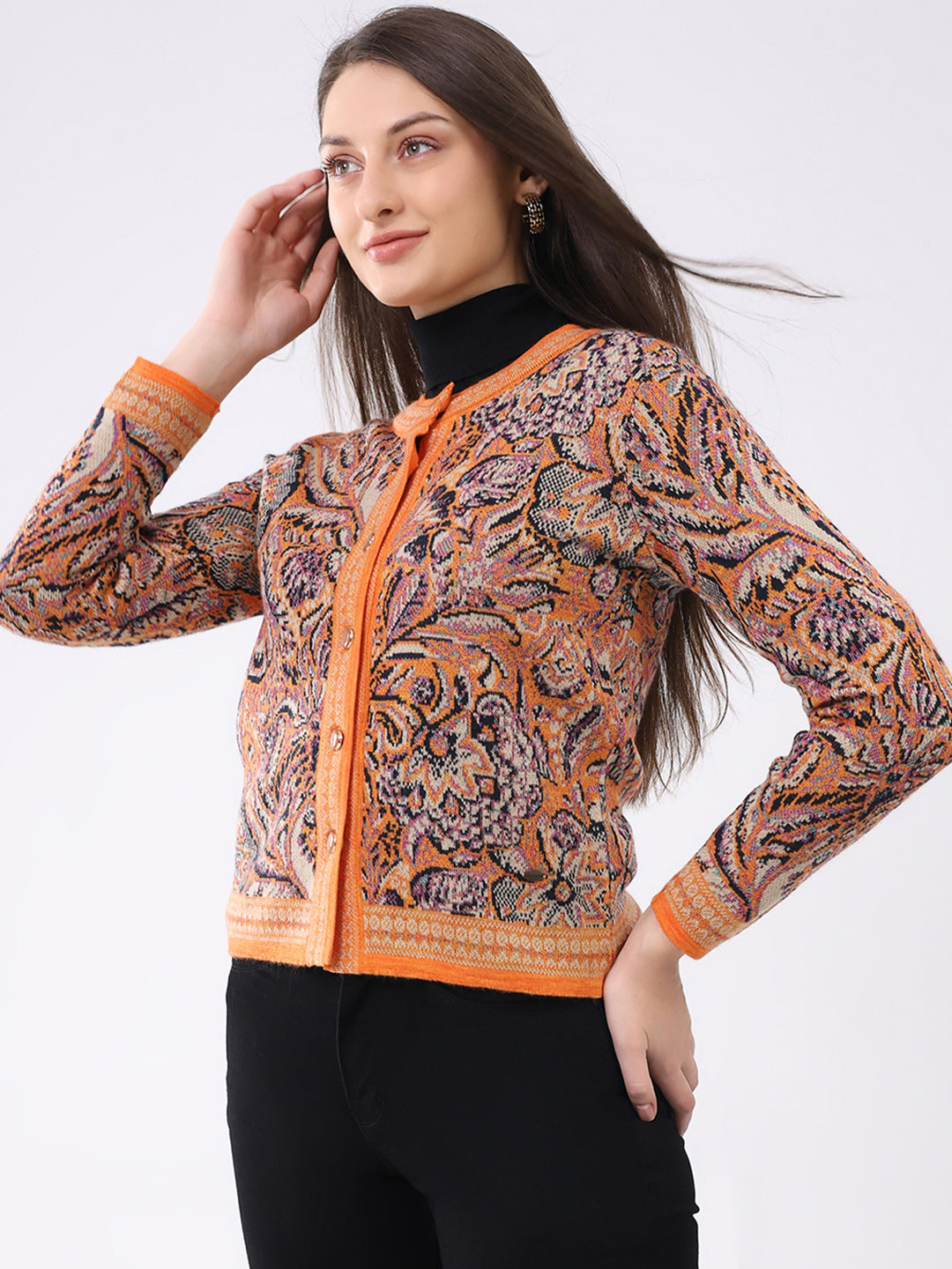Women Orange Self Design Round Neck Full Sleeve Cardigan