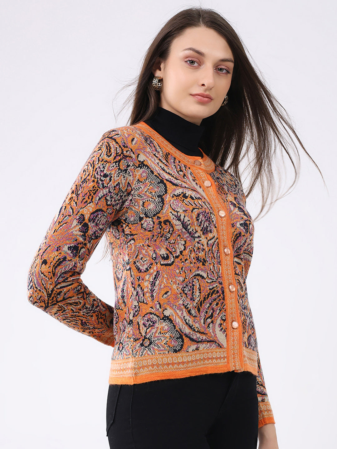 Women Orange Self Design Round Neck Full Sleeve Cardigan