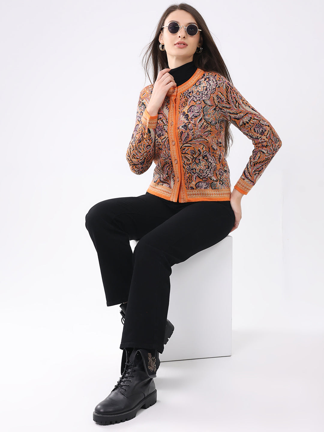Women Orange Self Design Round Neck Full Sleeve Cardigan