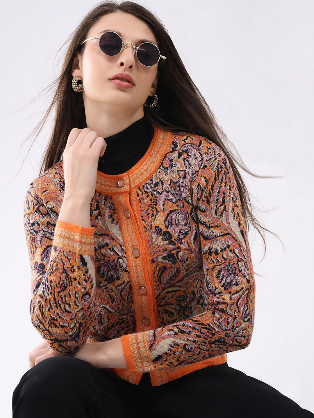 Women Orange Self Design Round Neck Full Sleeve Cardigan