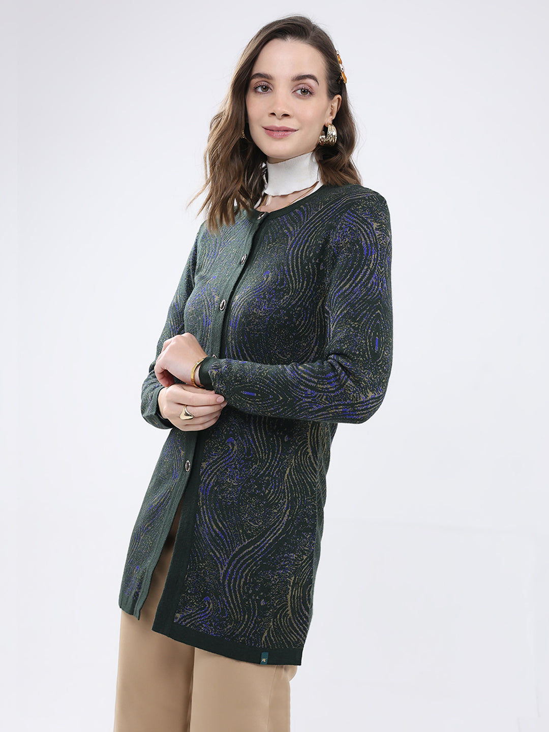 Women Green Self Design Round Neck Full Sleeve Cardigan