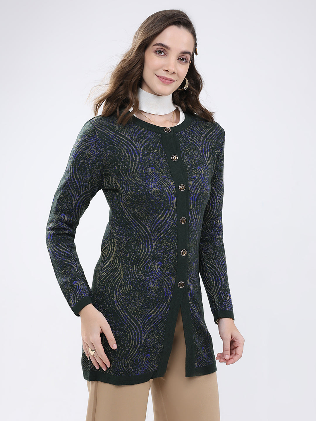 Women Green Self Design Round Neck Full Sleeve Cardigan