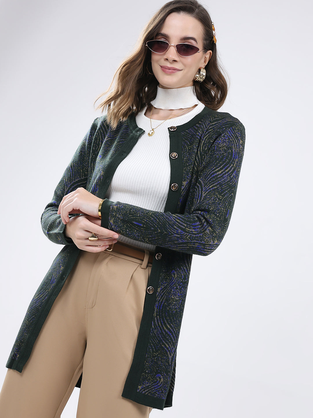 Women Green Self Design Round Neck Full Sleeve Cardigan