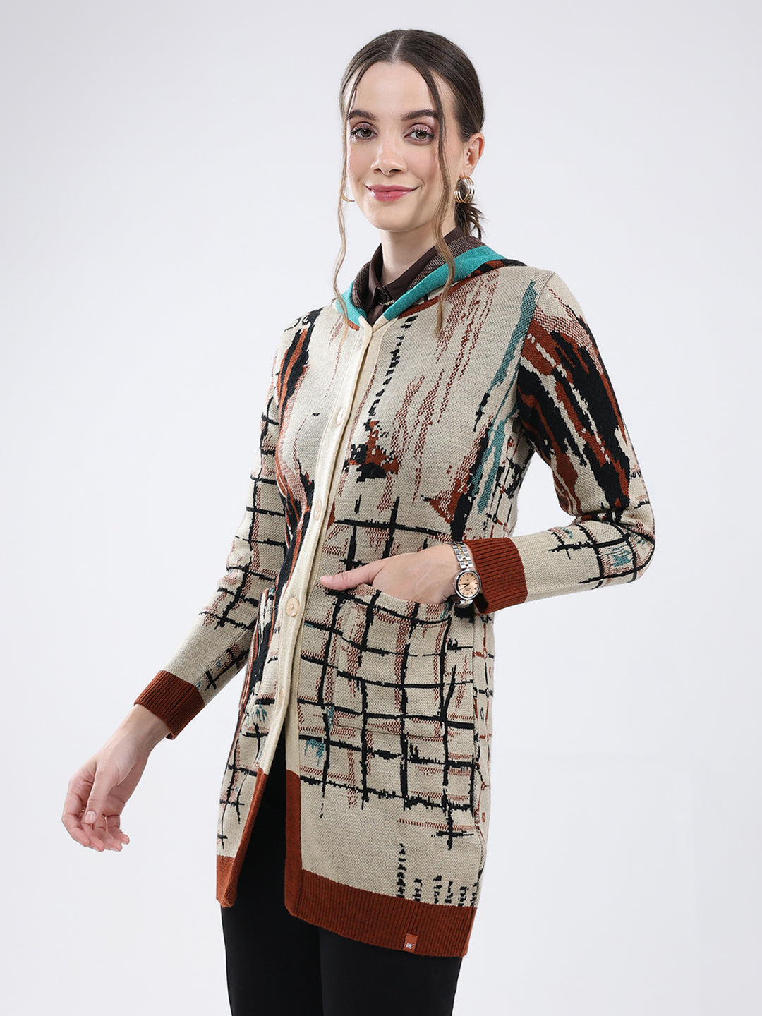 Women Rust Self Design Hooded Full Sleeve Cardigan