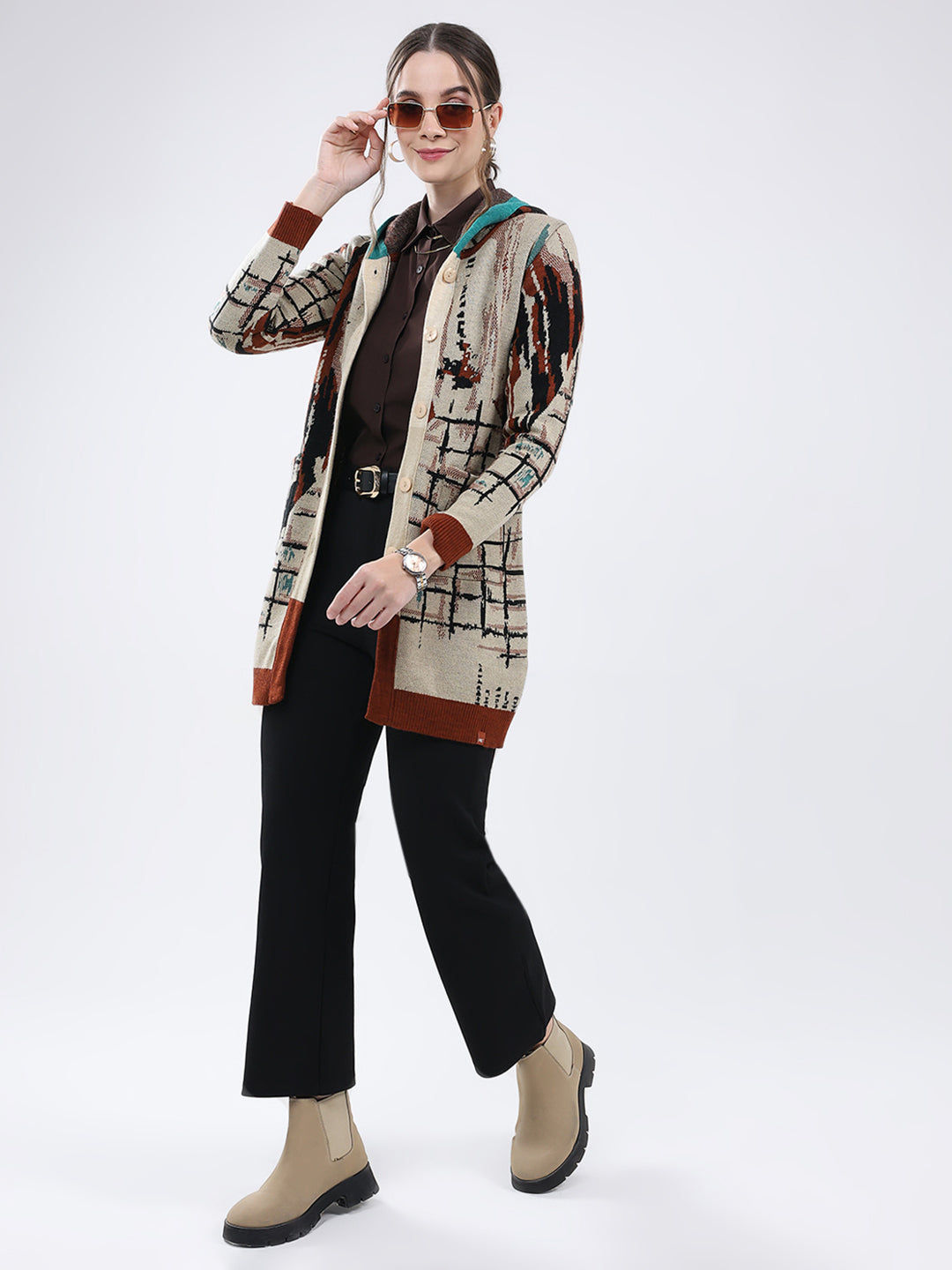 Women Rust Self Design Hooded Full Sleeve Cardigan