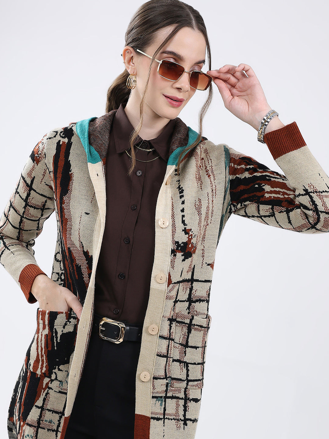 Women Rust Self Design Hooded Full Sleeve Cardigan