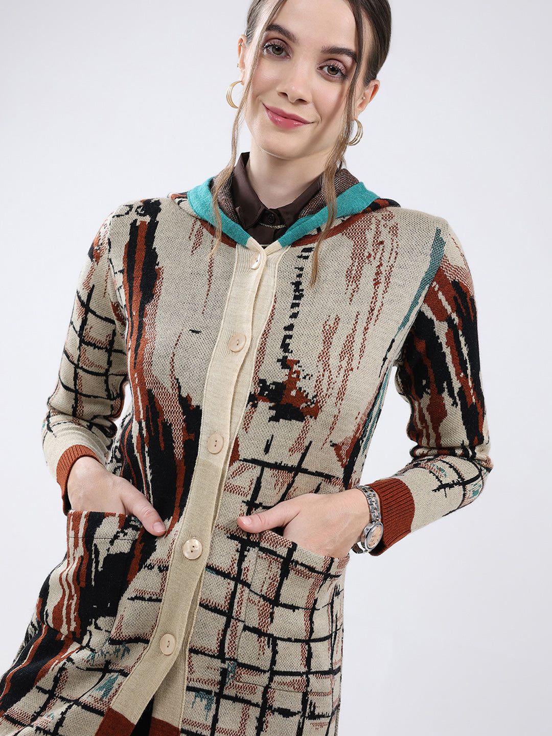 Women Rust Self Design Hooded Full Sleeve Cardigan