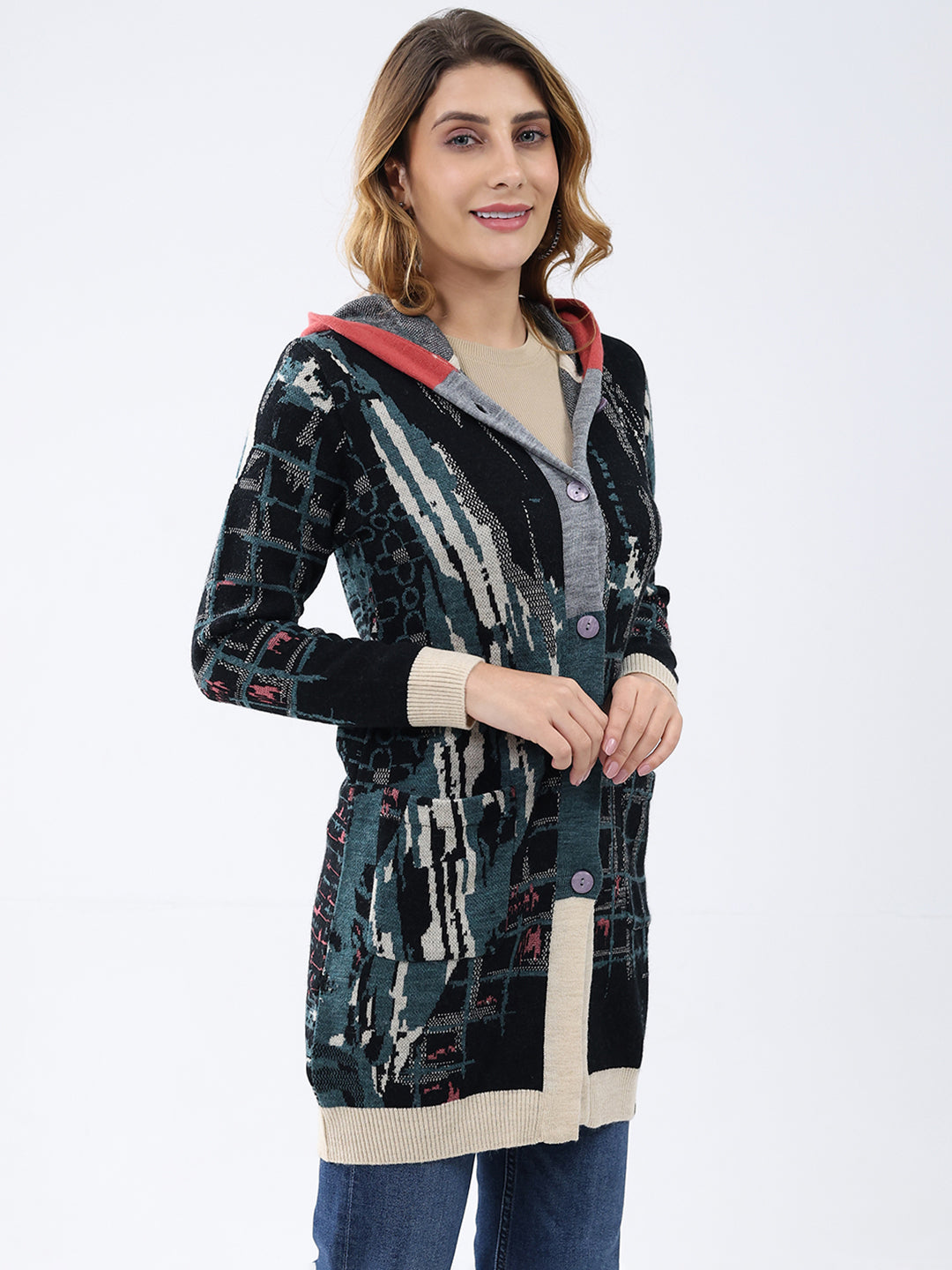 Women Multicolor Printed Hooded Full Sleeve Cardigan