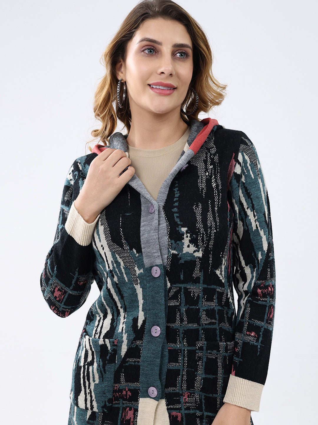 Women Multicolor Printed Hooded Full Sleeve Cardigan