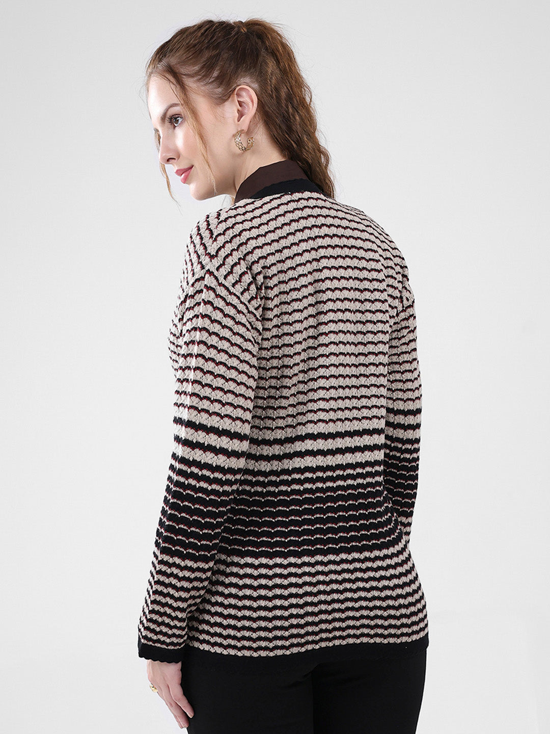 Women Black Self Design V Neck Full Sleeve Cardigan