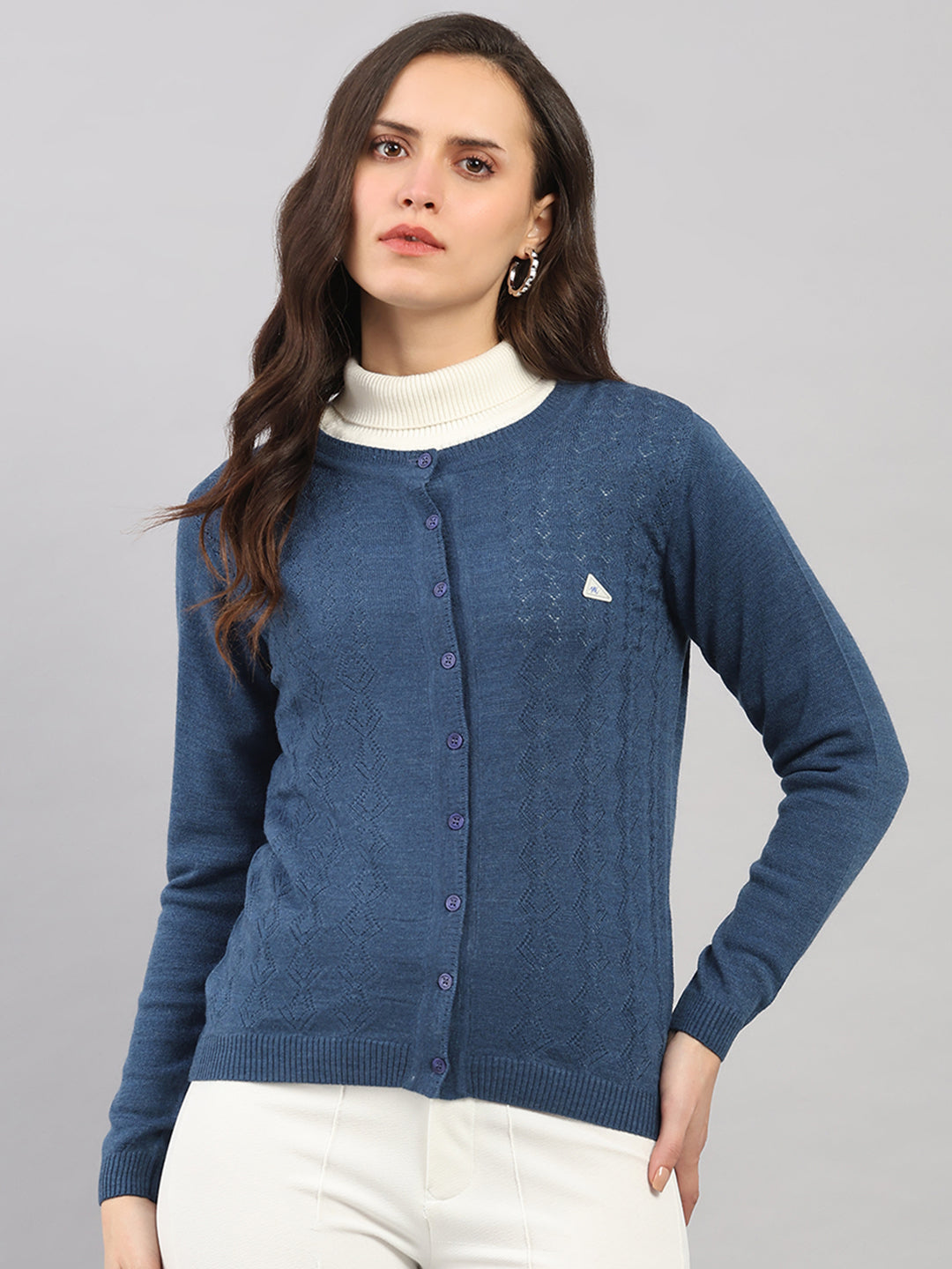 Women Blue Self Design Round Neck Full Sleeve Cardigan