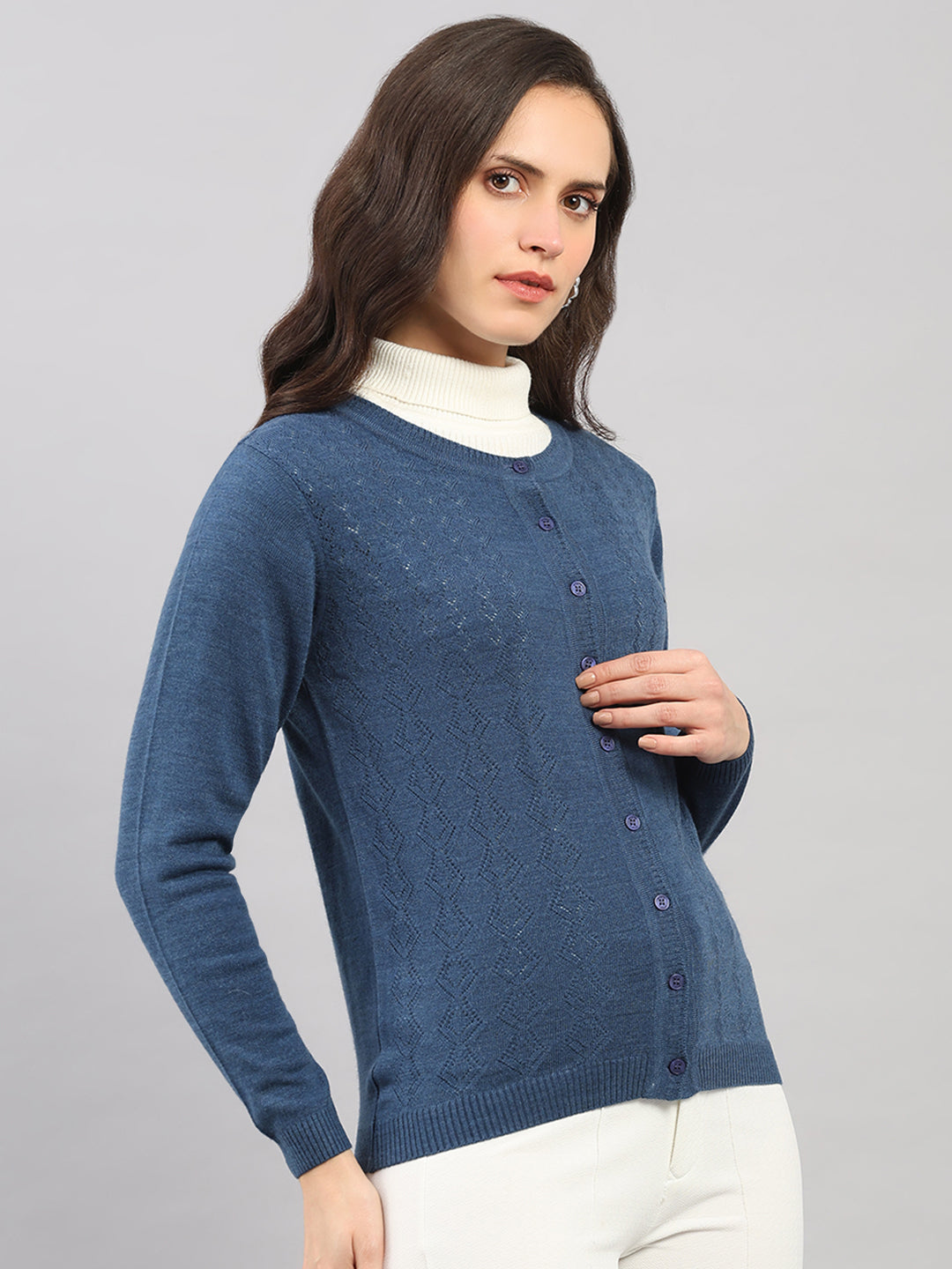 Women Blue Self Design Round Neck Full Sleeve Cardigan