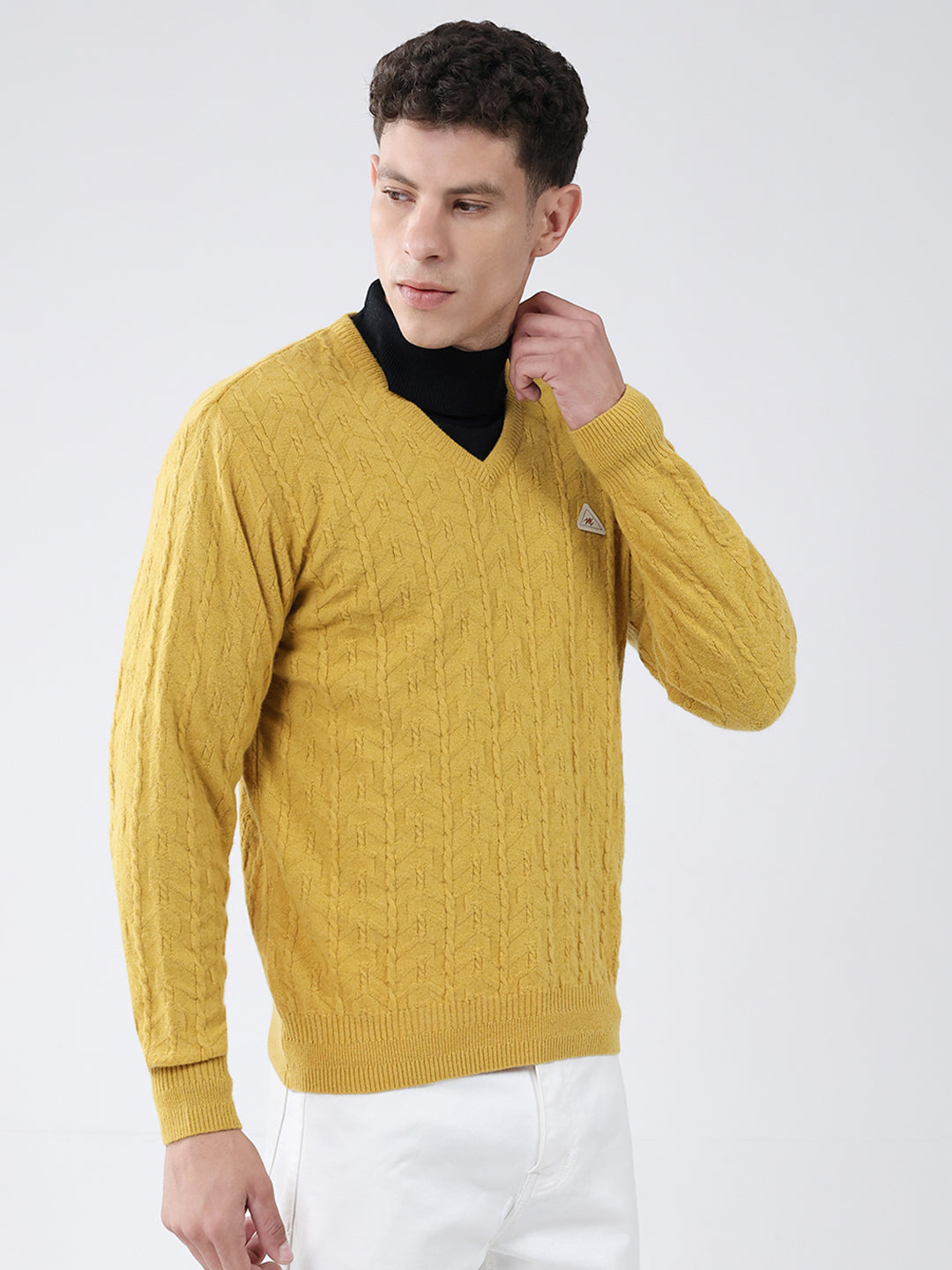 Men Mustard Self Design V Neck Full Sleeve Pullover