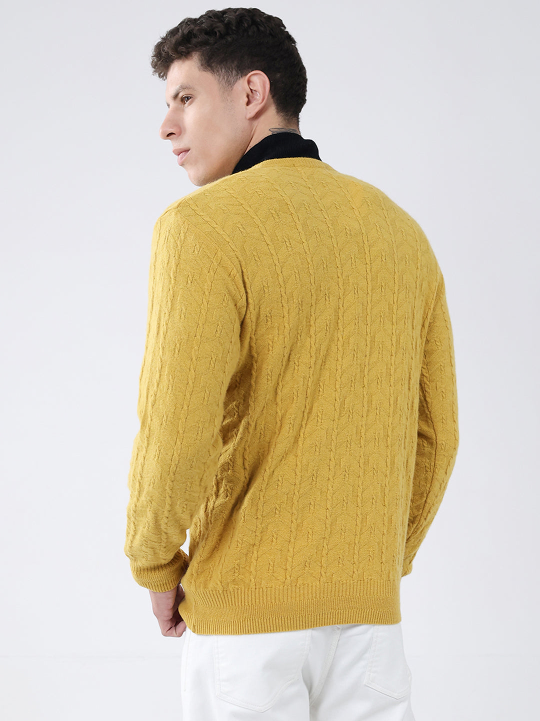 Men Mustard Self Design V Neck Full Sleeve Pullover
