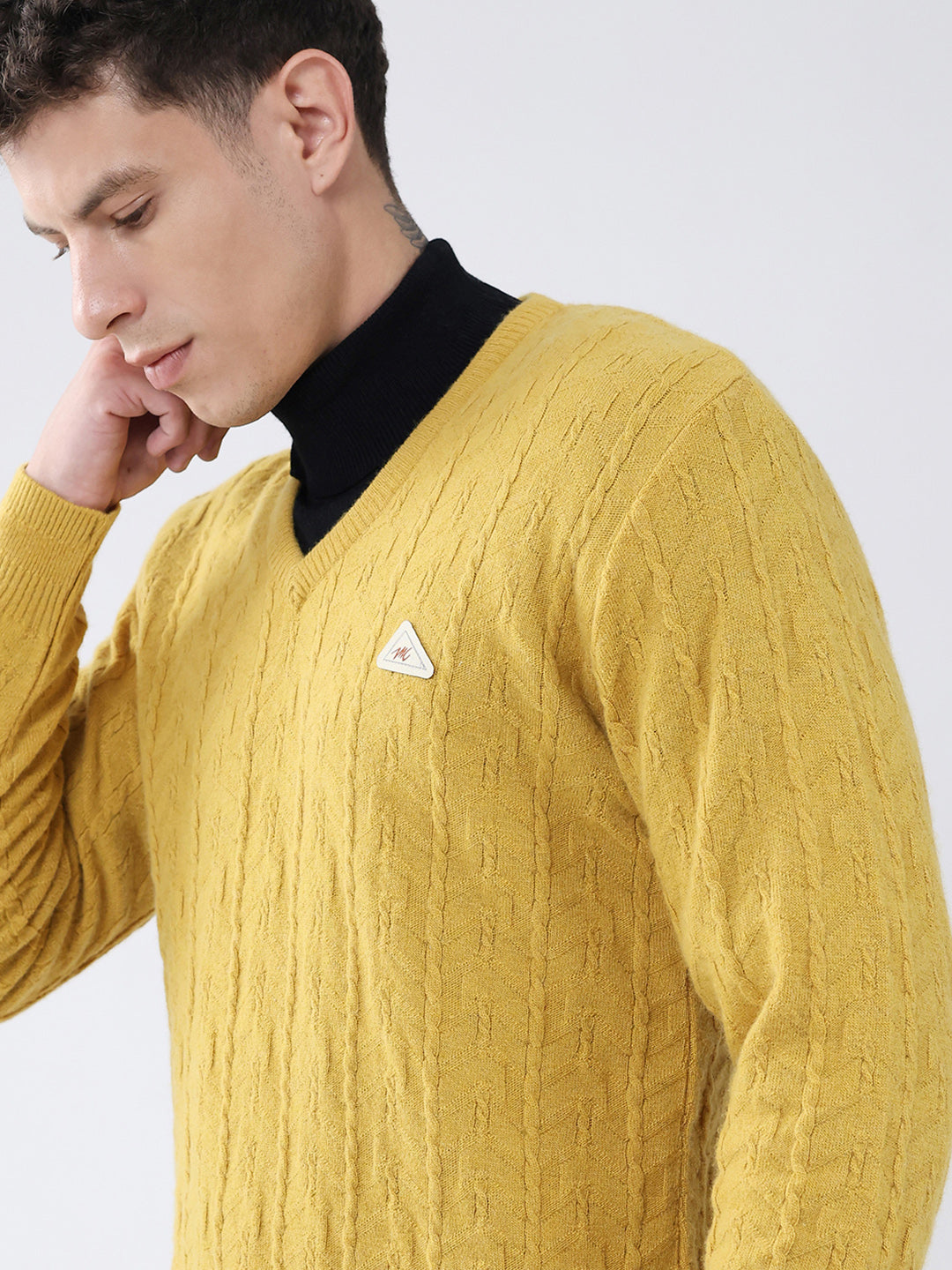 Men Mustard Self Design V Neck Full Sleeve Pullover