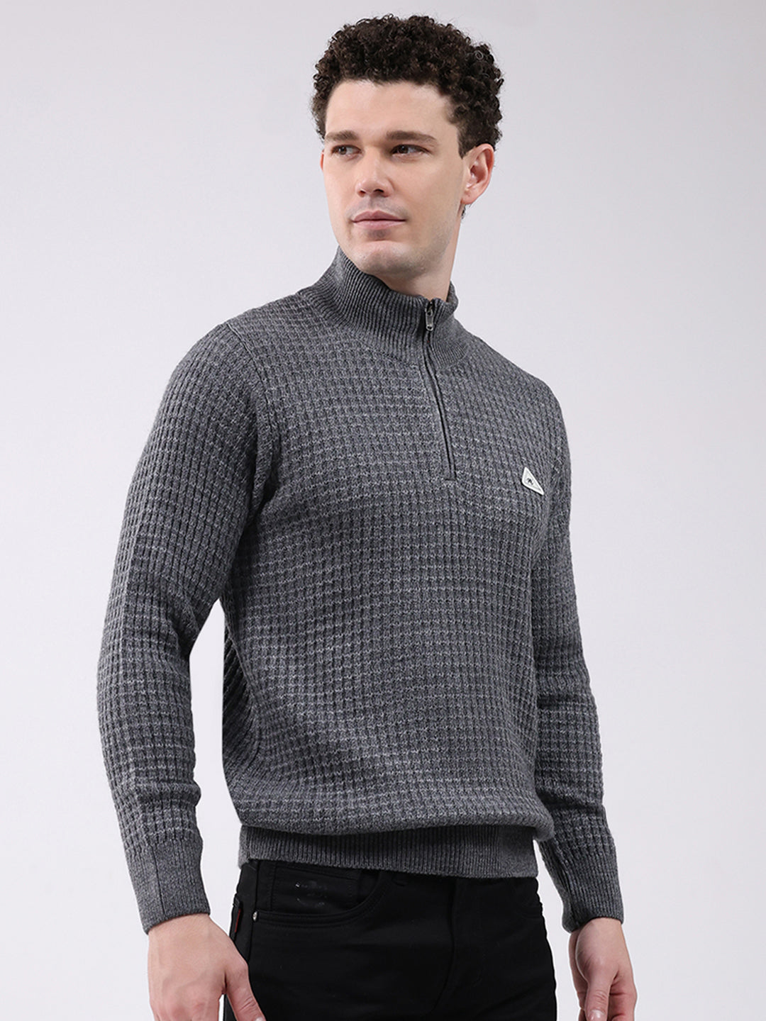 Men Grey Self Design Mock Neck Full Sleeve Pullover