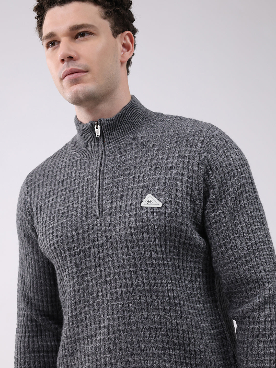 Men Grey Self Design Mock Neck Full Sleeve Pullover