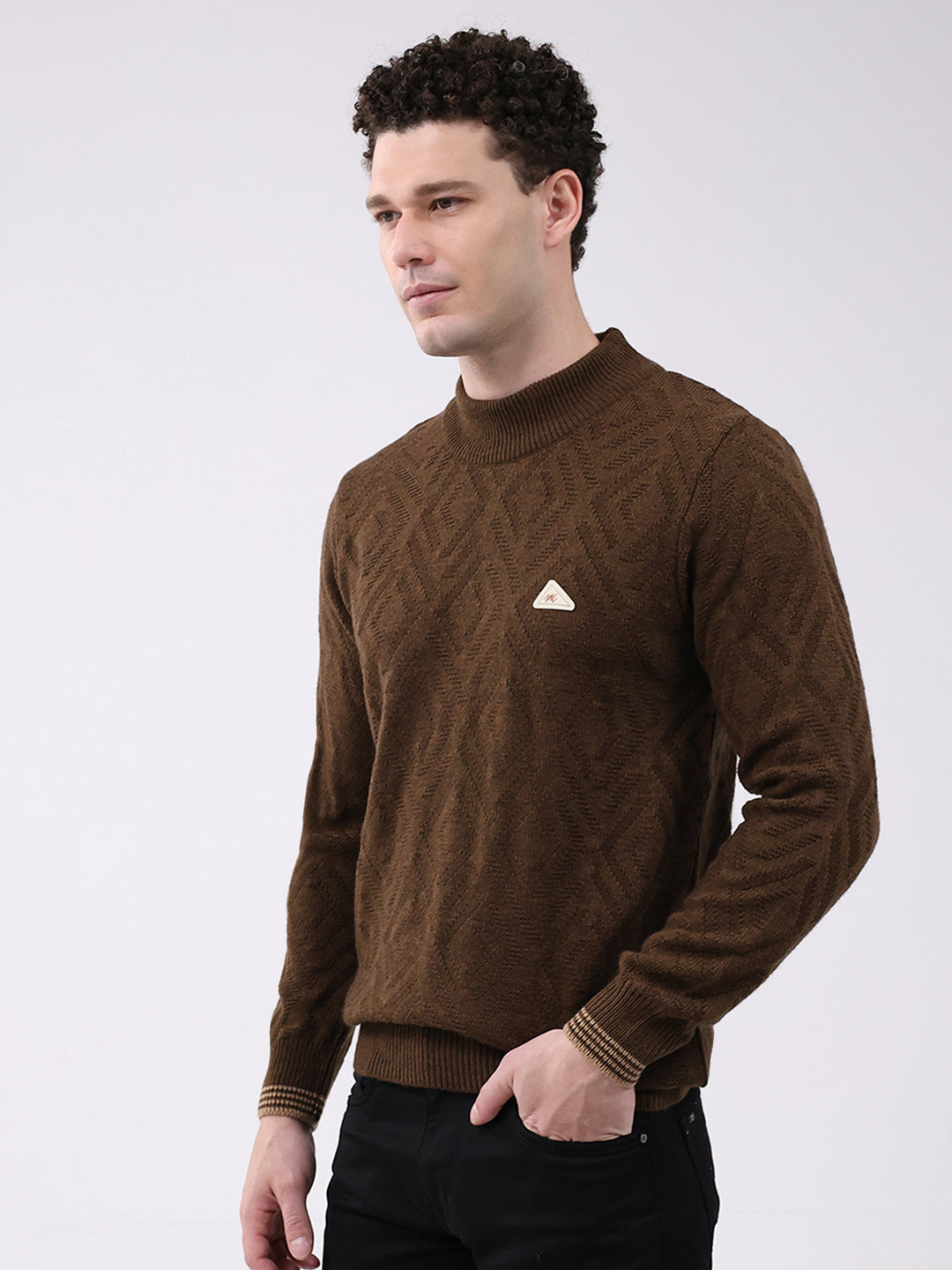 Men Brown Self Design Mock Neck Full Sleeve Pullover