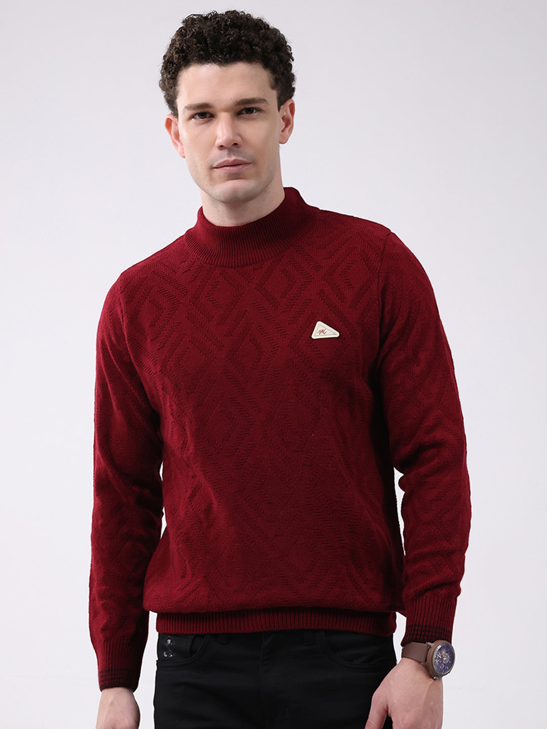 Men Red Solid Mock Neck Full Sleeve Pullover