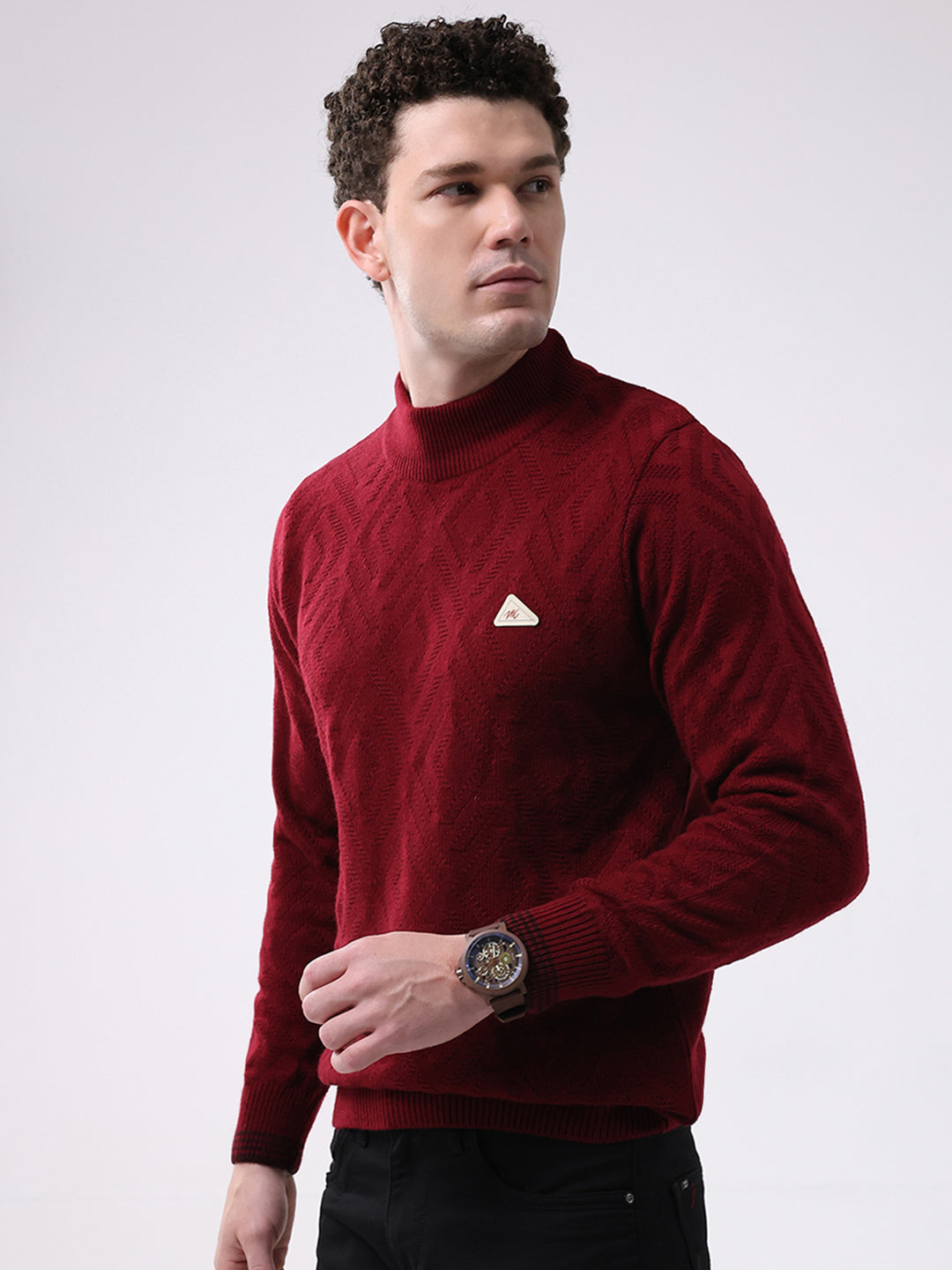 Men Red Solid Mock Neck Full Sleeve Pullover