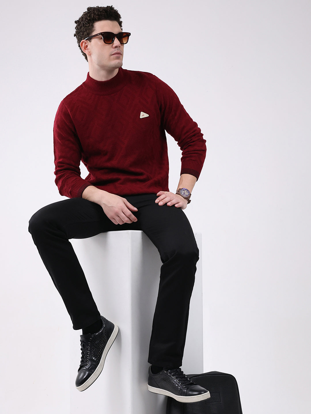 Men Red Solid Mock Neck Full Sleeve Pullover