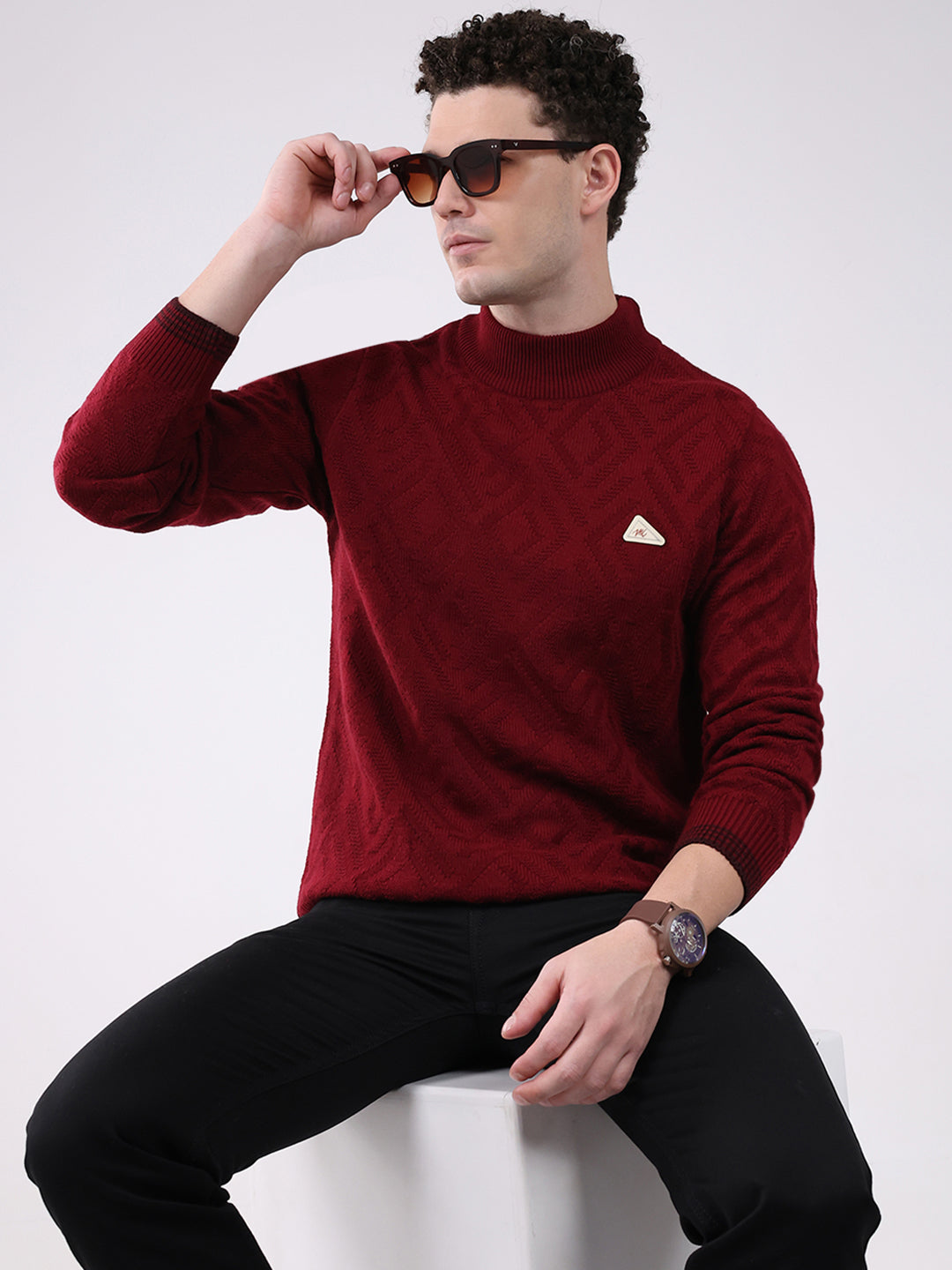 Men Red Solid Mock Neck Full Sleeve Pullover