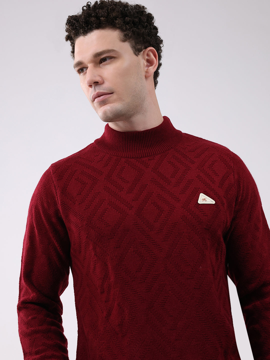 Men Red Solid Mock Neck Full Sleeve Pullover