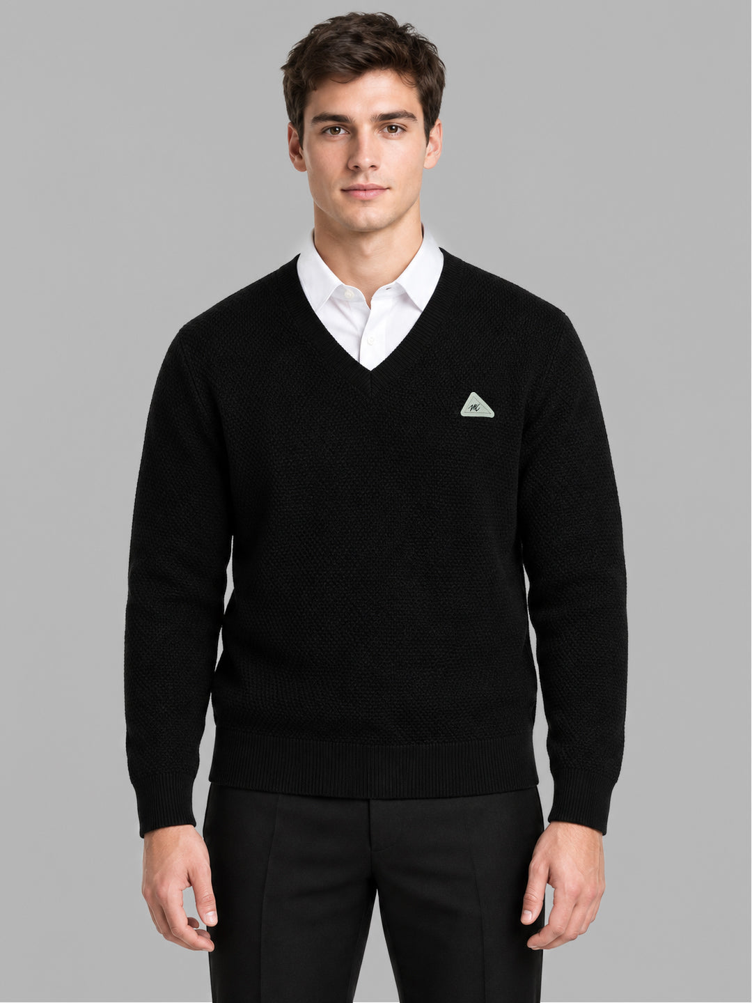 Men Black Self Design V Neck Full Sleeve Pullover