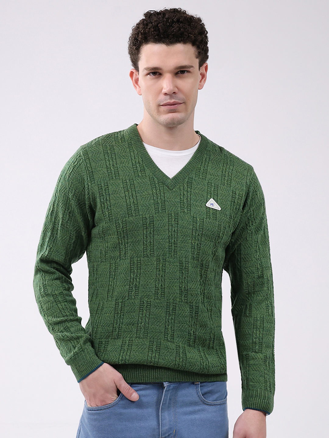 Men Green Self Design V Neck Full Sleeve Pullover