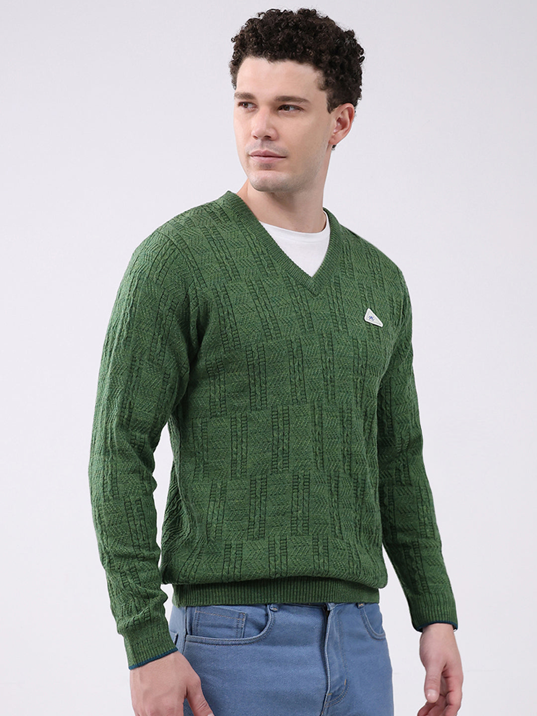 Men Green Self Design V Neck Full Sleeve Pullover