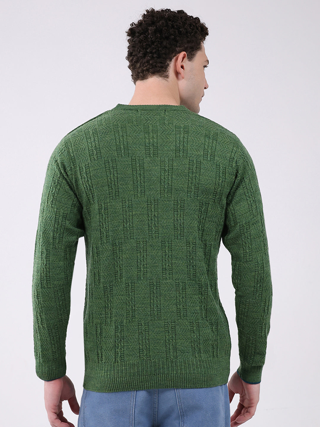 Men Green Self Design V Neck Full Sleeve Pullover