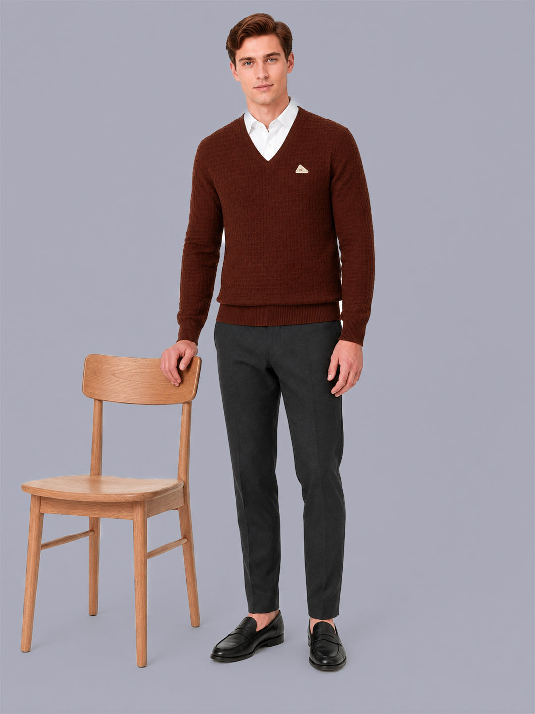 Men Brown Self Design V Neck Full Sleeve Pullover