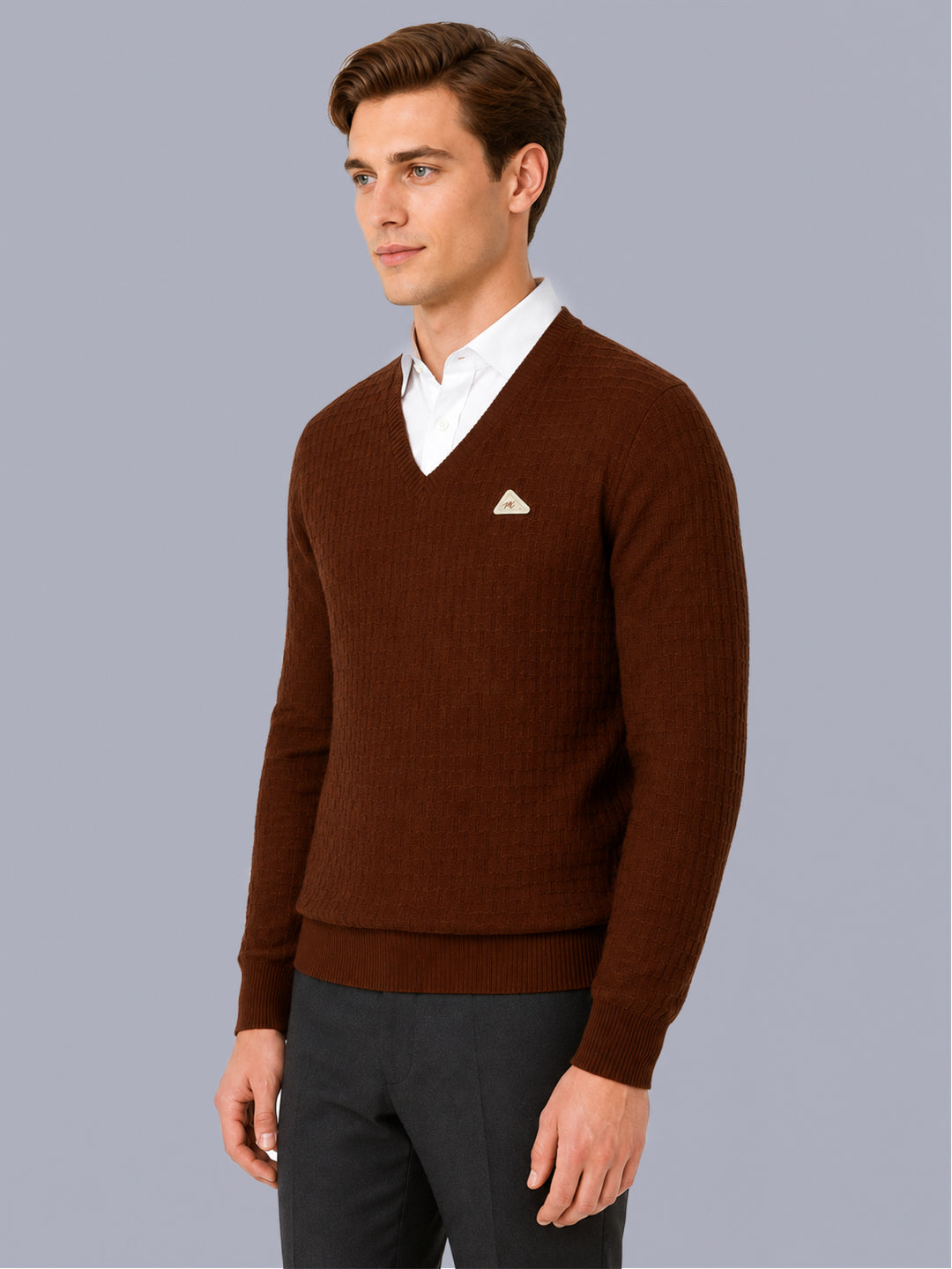 Men Brown Self Design V Neck Full Sleeve Pullover